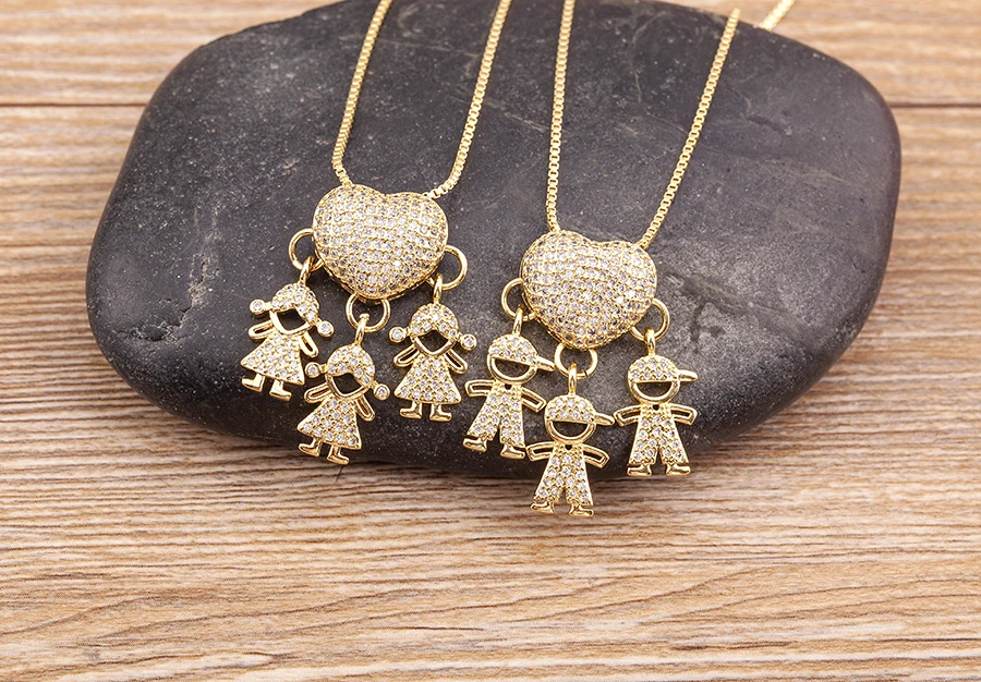 Nidin Heißer Verkauf Sohn Tochter Herz Vergoldet Zirkonia Familie Mädchen Junge Anhänger Halskette Kette Schmuck Für Mutter Geschenk – Detail 13
