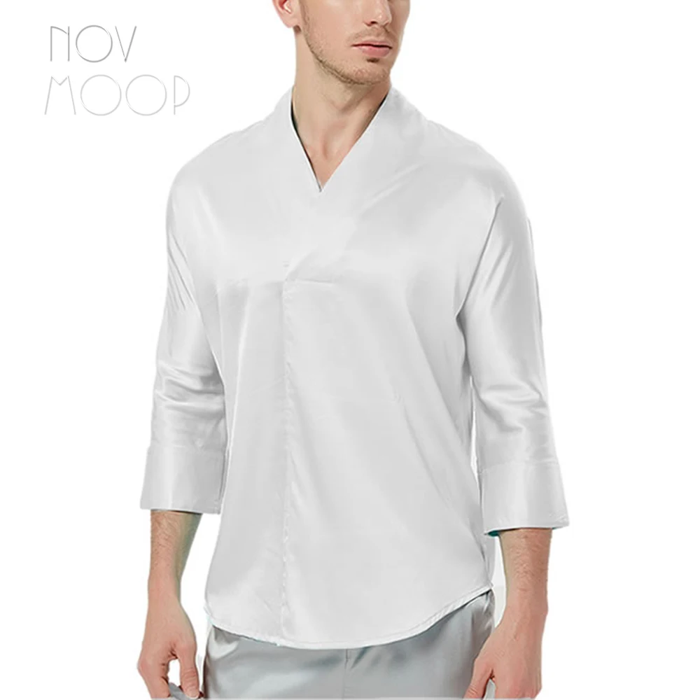 Novmoop casual stijl mannen lente zomer ademend driekwart mouw 19mm spandex zijde yoga slaap shirt camisas chemise LT3067