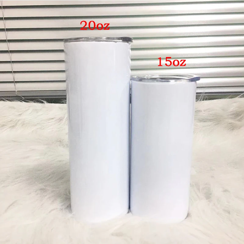 15oz DIY Sublimation Straight Tumbler White Blank Stainless Steel With Sealed Lids And Straw Thermos Insulated Water Bottle