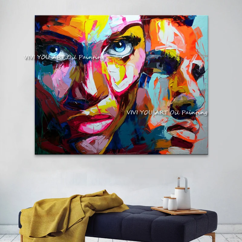 

Large Size 100% Handpainted Women Lover Face Oil painting Figure Colorful Graffiti Knife Pictures Wall Art Room Decoration