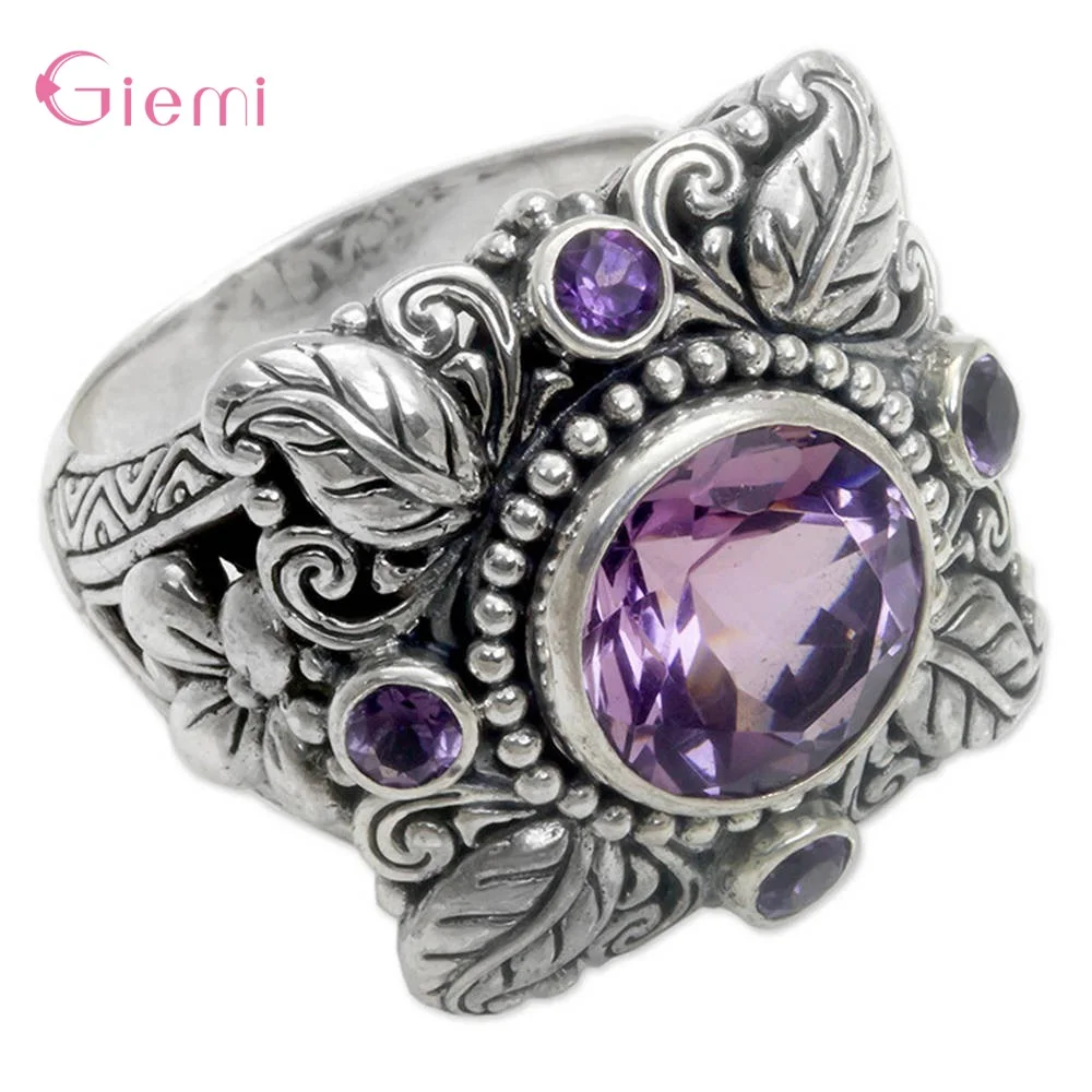 Retro Luxury Antique Silver Cubic Zircon Flower Leaf Women Rings Fashion Trendy Rhinestone Jewelry Ornaments Bijoux