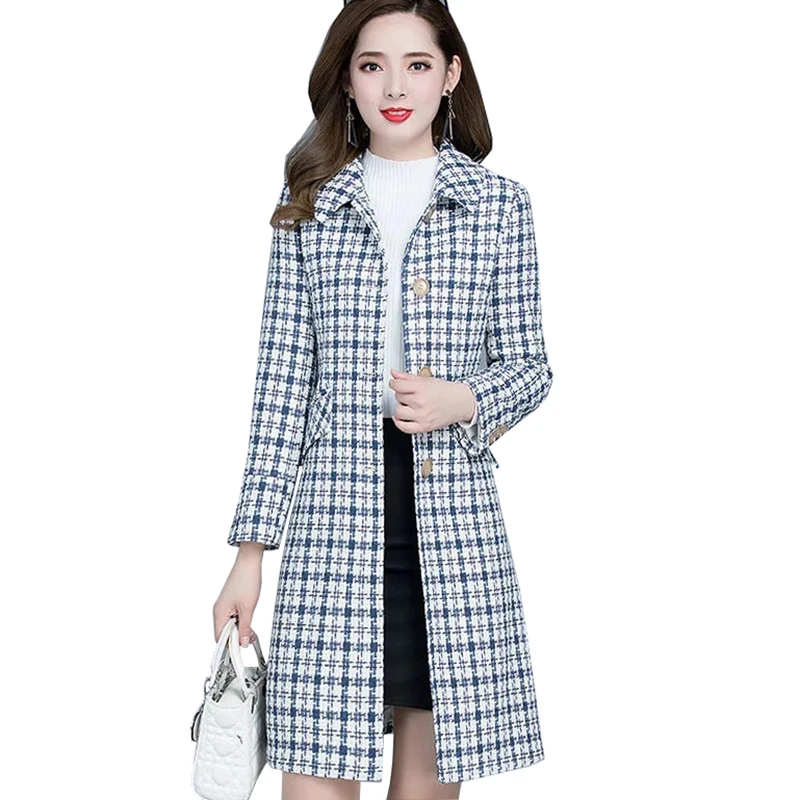 

Plaid Woolen Coat Women New Autumn Winter Jackets Slim Large Size Single-breasted Mid Long Outerwear Female Wool Jacket Coats