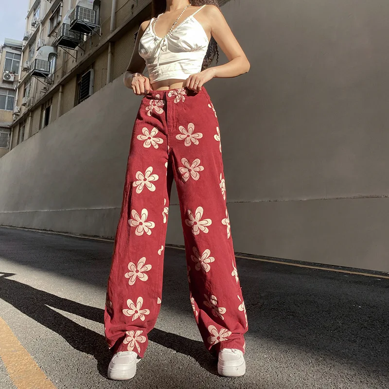 

Women's Fashion Red Jeans High Waist Floral Print Pocket Stretch Loose Pants Street Wear Wide Leg Slim Jeans Low Rise Jeans