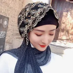 Embroidery Beading Women's Turban Cap Ready to Wear Head Scarf Wrap Muslim Hijab Hair Cover Cap Pre-Tied Headscarf Hat