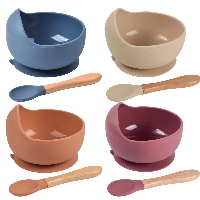 Baby Silicone Bowl Set BPA Free Non-slip Children\'s Suction Bowl Wooden Handle Silicone Spoon Food Grade Waterproof Tableware