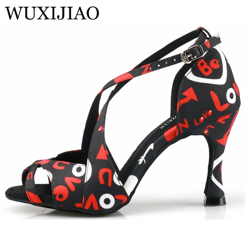 WUXIJIAO hot-selling printing women\'s Latin dance shoes national standard dance shoes party square dance shoes soft sole 9cm