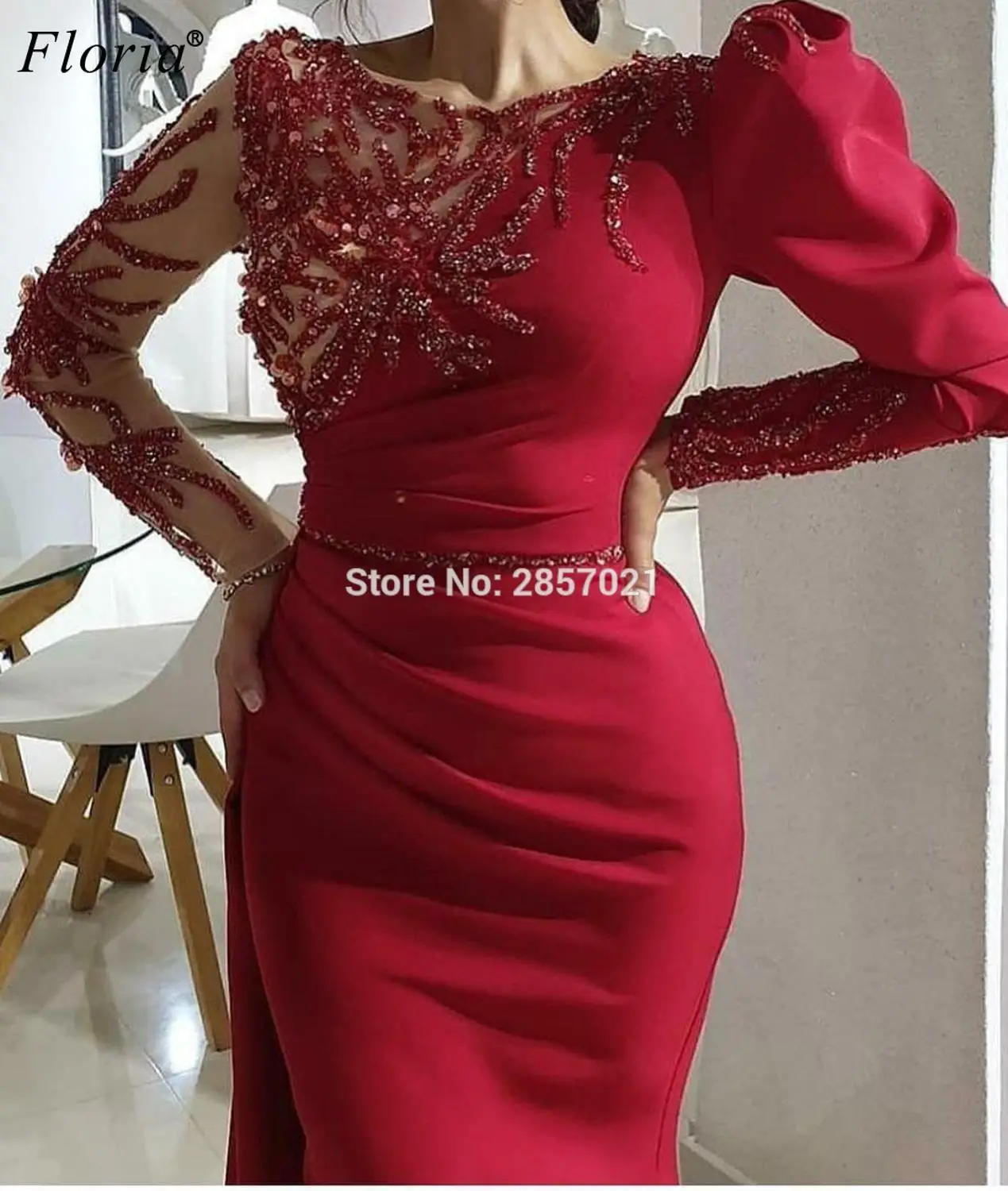 Arabic Red Formal Evening Dresses Long Sleeves Mermaid Evening Gowns Beading Elegant Prom Dresses Turkish Couture Robe De Soiree