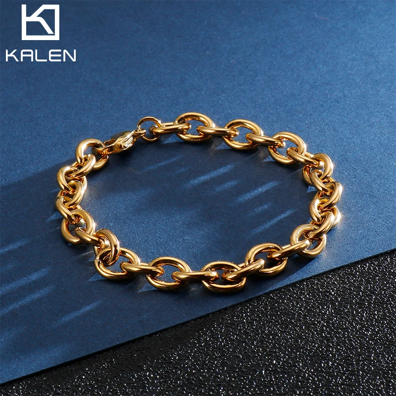 KALEN Gold Color Link Chain Bracelet For Men Women Stainless Steel 11mm Chunky Chain 16cm-24cm Hand Wristband Unisex Jewelry