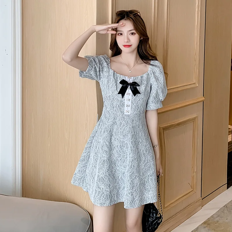 

Mini Dress Women's Summer French Printed Square Neck Bow Puff Sleeves Dress High Waist Fashion Pullover Short Dress Vestidos