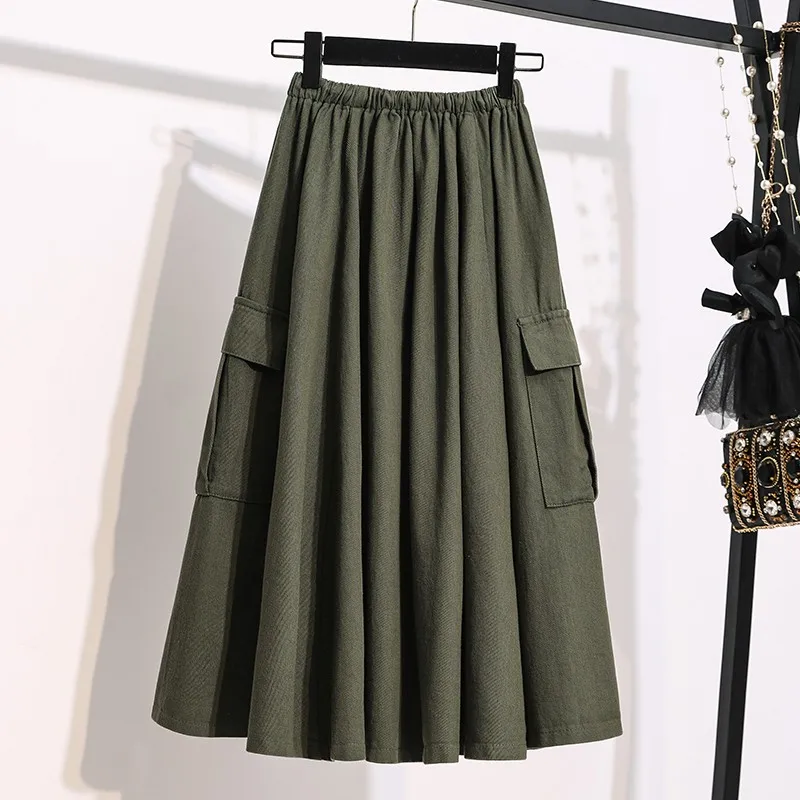 Women Cotton Casual Skirts New Arrival 2021 Safari Style Solid Color Loose Female High Waist A-line Long Skirts S3835