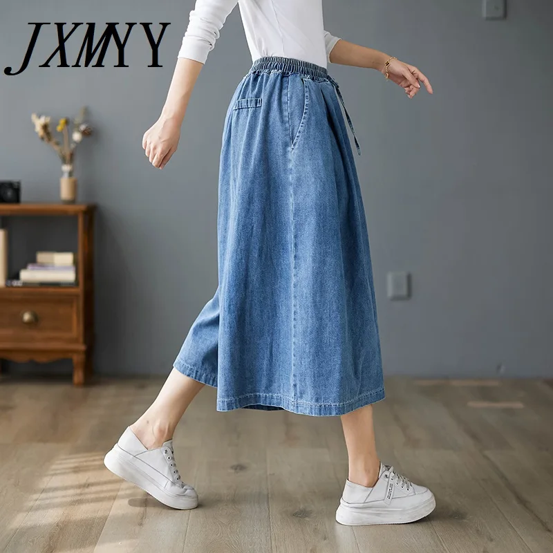 JXMYY-Loose Wide Leg Pants for Women, Elastic Waist, Half Body, Cropped Pants, Casual Fashion Denim, Big Feet Pants