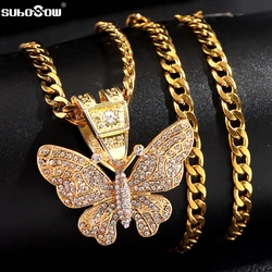 Women Men Gold Silver Color Stainless Steel Cuban Chain Necklace Hip Hop Bling Rhinestone Butterfly Pendant Necklace Jewelry