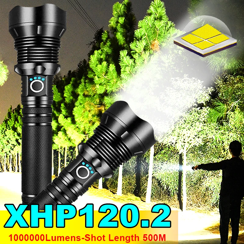 1000000 Lumens XHP120.2 Powerful LED Flashlight USB Rechargeable LED Portable Zoom Torch IPX65 Tactical Flash Lamp Head Lantern