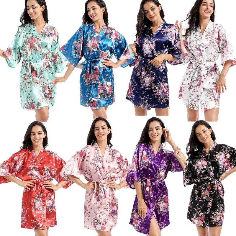 Wholesale Daffodil Women Floral Kimono Robe Satin Bridal Dressing Gown Bride Bridesmaid Robes Sleepwear Spa Bathrobes T21