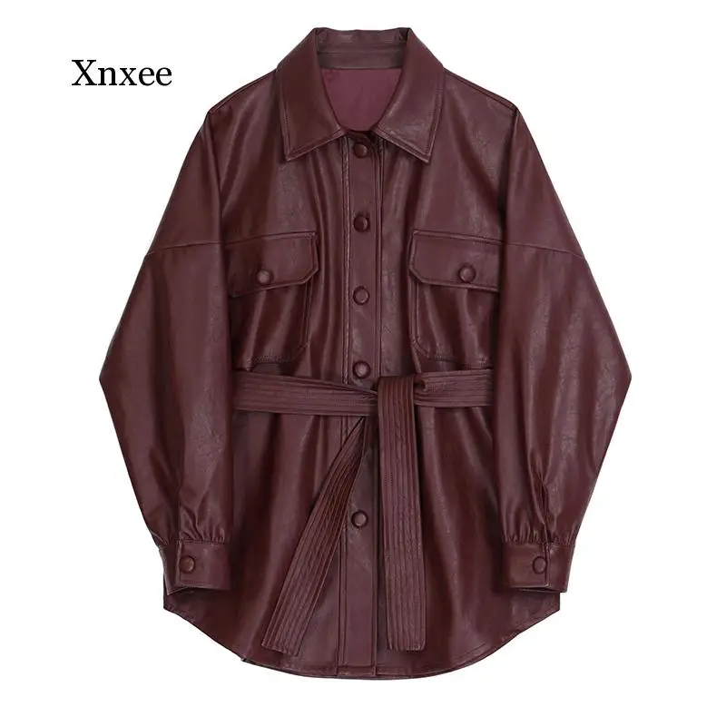 New Spring Autumn Lapel Long Sleeve Wine Red Pu Leather Belt Loose Big Size Jacket Women Coat Fashion Tide