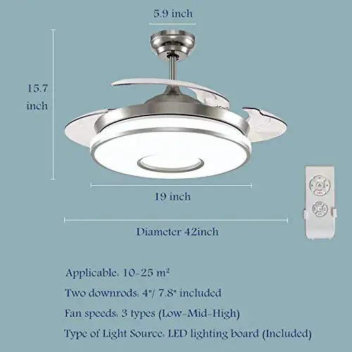 Ceiling Fan with Lights Remote Control Retractable Blades 42” LED Chandelier Three Speeds Three Color Changes Lighting Fixture
