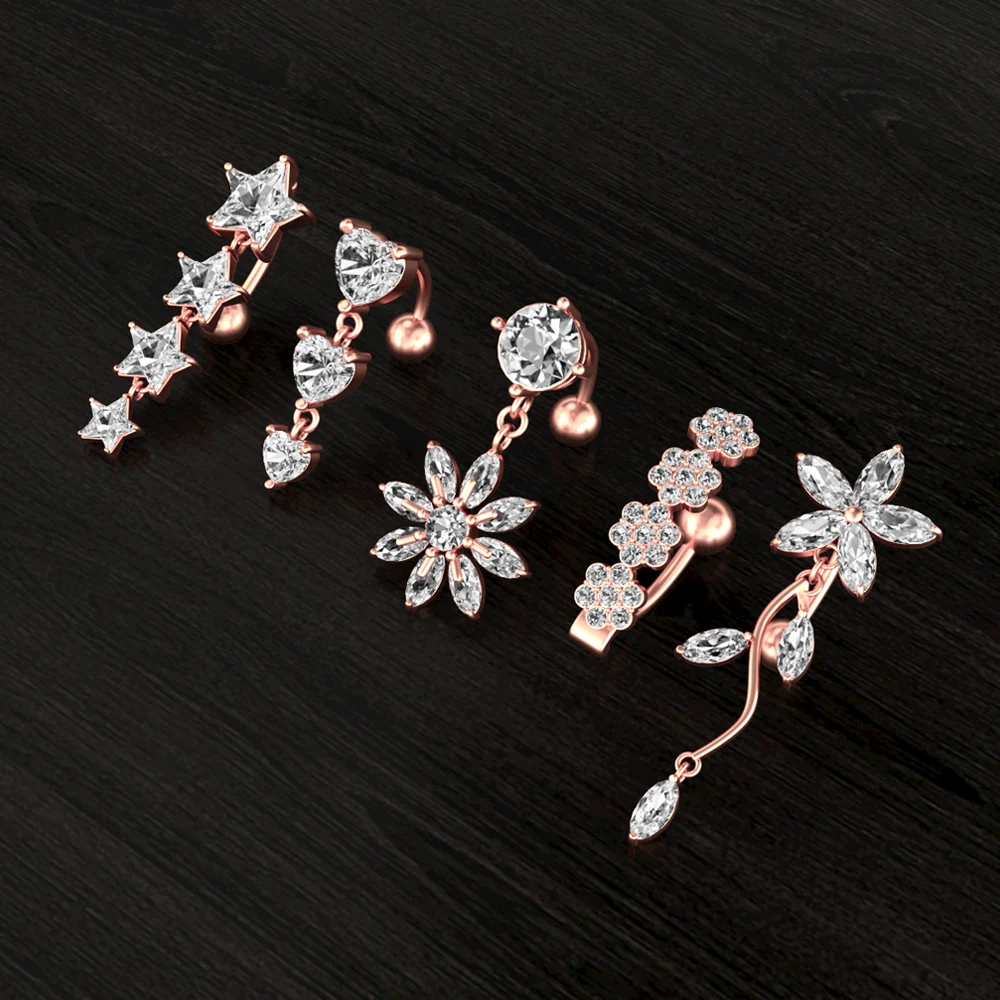 Reversed Bar Belly Button Rings Dangle Flower Star Navel Ring Surgical Steel Belly Piercing Jewelry Oreja Body CZ 14G Belly Ring
