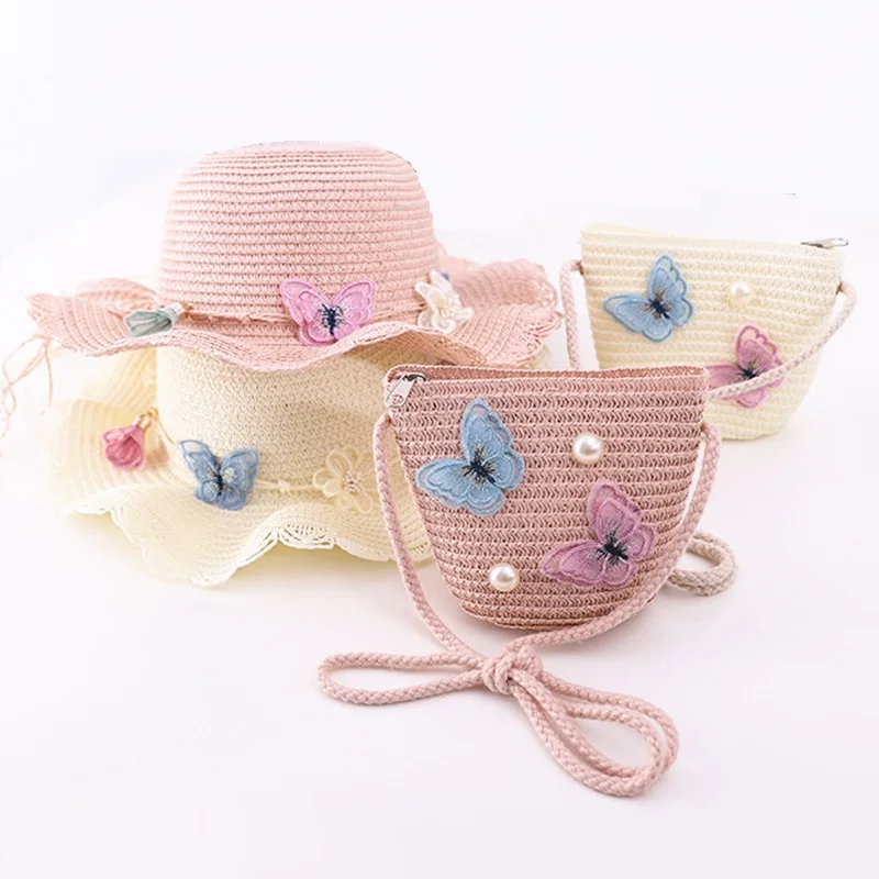 Summer child casual butterfly straw hat handbags Sets Kid girls Outdoor holiday panama cap straw bags Sun hat