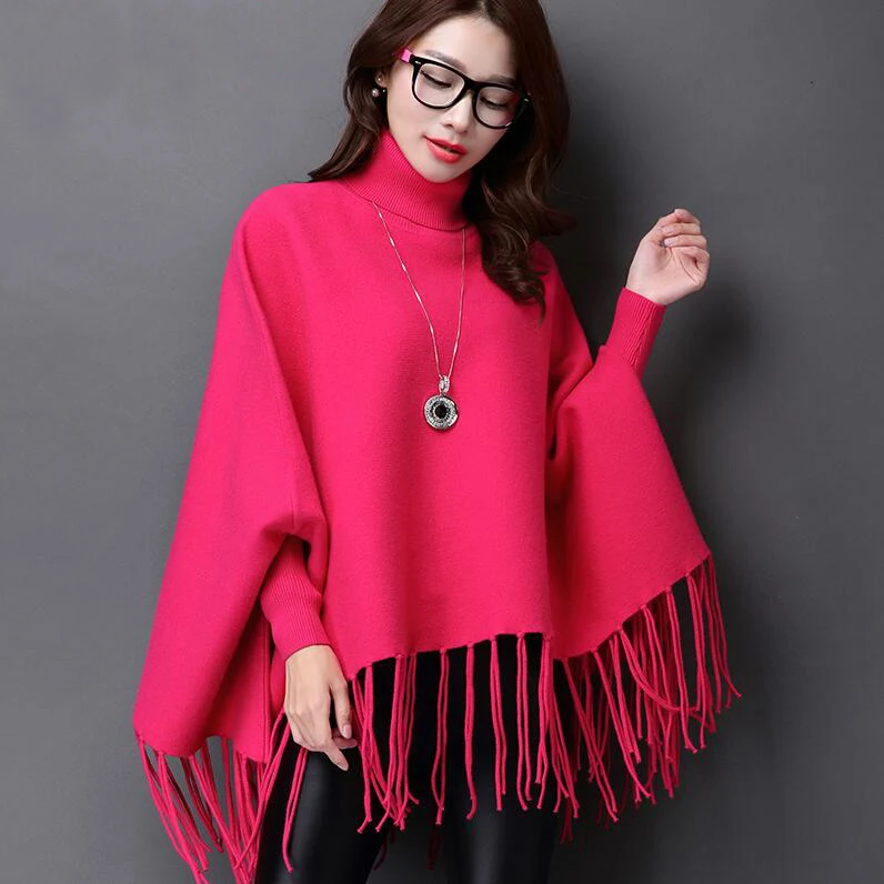 Turtleneck Cloak Sweater New Fashion Solid Knitting Poncho Batwing Sleeve Swing Tassel Hem Wrap Sweater Female