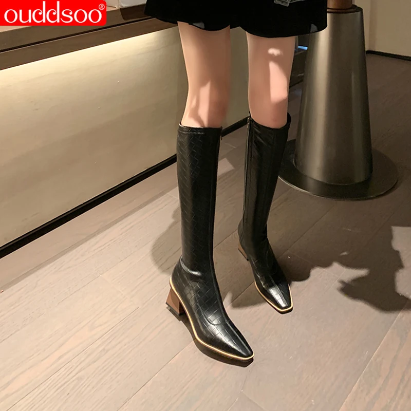 Ods Women Square Toe Thick Heel Shoes Fashion Warm Black Brown White Crocodile Pattern Knee High Boots Side Zipper Plus Size 43