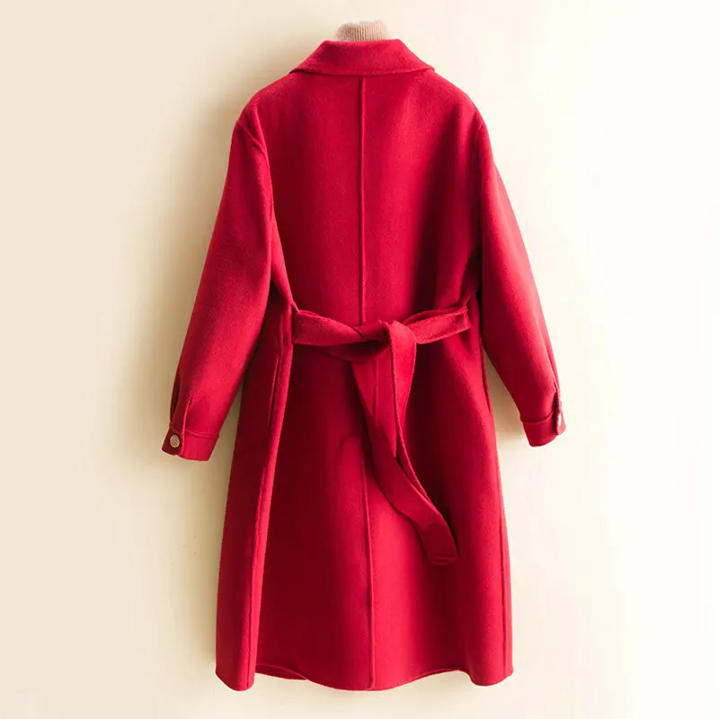 MODERN NEW SAGA 100% Wool Women Long Coat Autumn Warm Woolen Coat Winter Wool Blend Long Jacket Overcoat With Belt Parka Women