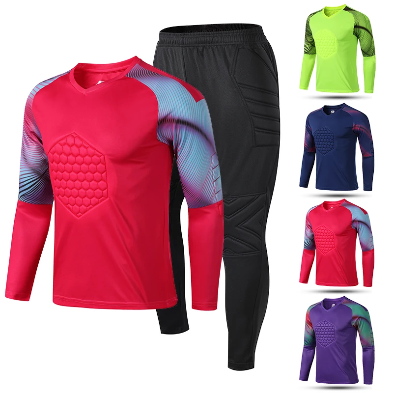 New Men\'s Adult Soccer Goalkeeper Uniform Protective Sponge long Sleeve Training Football Goalkeeper Soccer Jersey Top and Pants