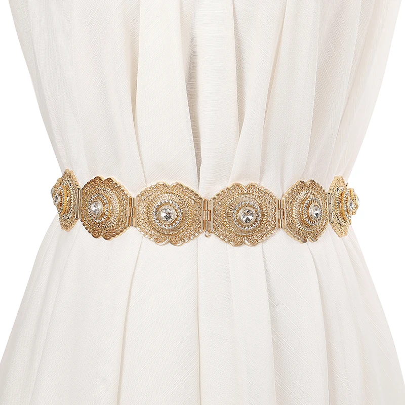

Vintage European Ladies Hollow Flower Waist Chain Hollow Design Rhinestone Inlaid Crystal Metal Belt