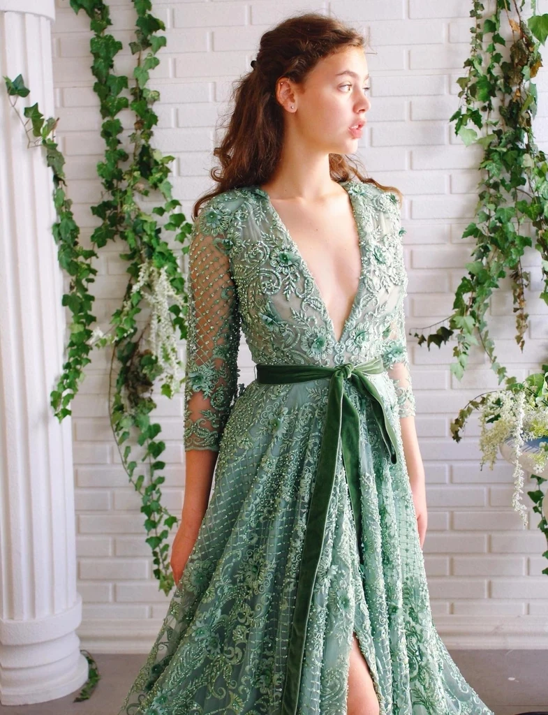 Green Moroccan Muslim Evening Dresses A-line 3/4 Sleeves Lace Beaded Slit Long Luxury Turkey Dubai Saudi Arabia Prom Dress Gown