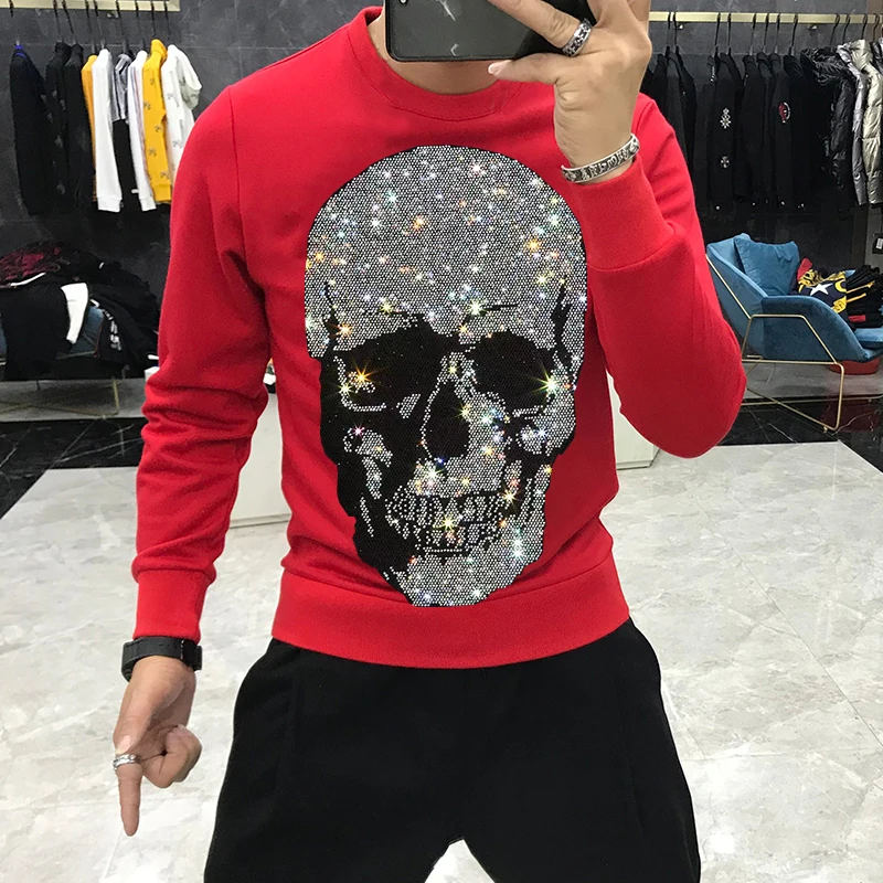 European Winter 2021 Brand Men\'s Hoodie Shiny Skull Hot Diamond Fashion Hoody Fleece Warm Casual Sweatshirt Street Star Oversize