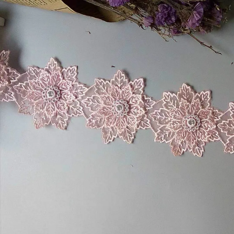 1 yard Pink Pearl Beaded Embroidered Flower Lace Ribbon Trim Floral Applique Patches Fabric Sewing Craft Vintage Wedding Dress