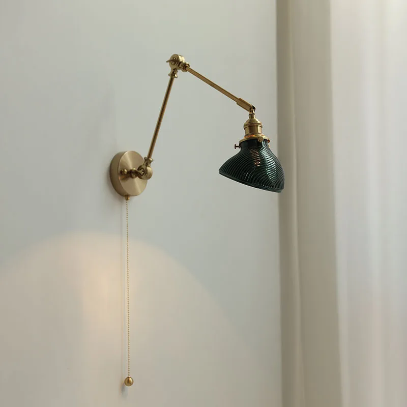 IWHD Modern Copper Glass LED Wall Light Fixtures Pull Chain Switch Bedroom Stair Reading Beside Lamp Swing Long Arm Wall Sconce image 4