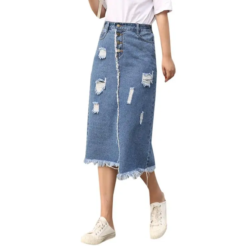 

Women Denim Skirt Korean Front Breasted Skirt Female Holes Fashion Fat Mm Jeans Skirt Skinny Female p1120