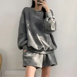 2021 New Tie-Dye Casual Hoodies Two Piece Suits Women Casual Loose Long Sleeve Sweatshirts Spring Autumn Thin Woman Set