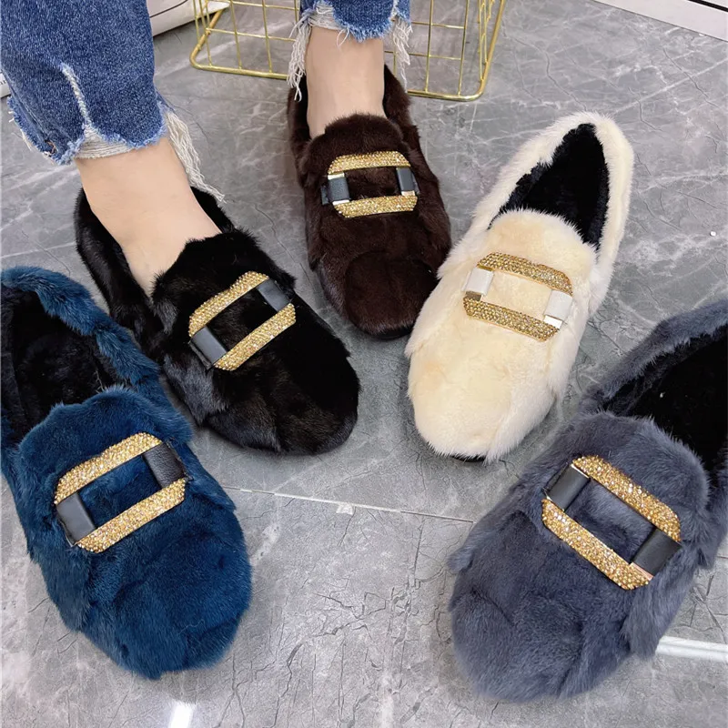 

Mink Fur Women Casual Flats Crystal Decor Winter Warm Espadrilles Walking Fur Shoes Woman Creepers Tenis Feminino