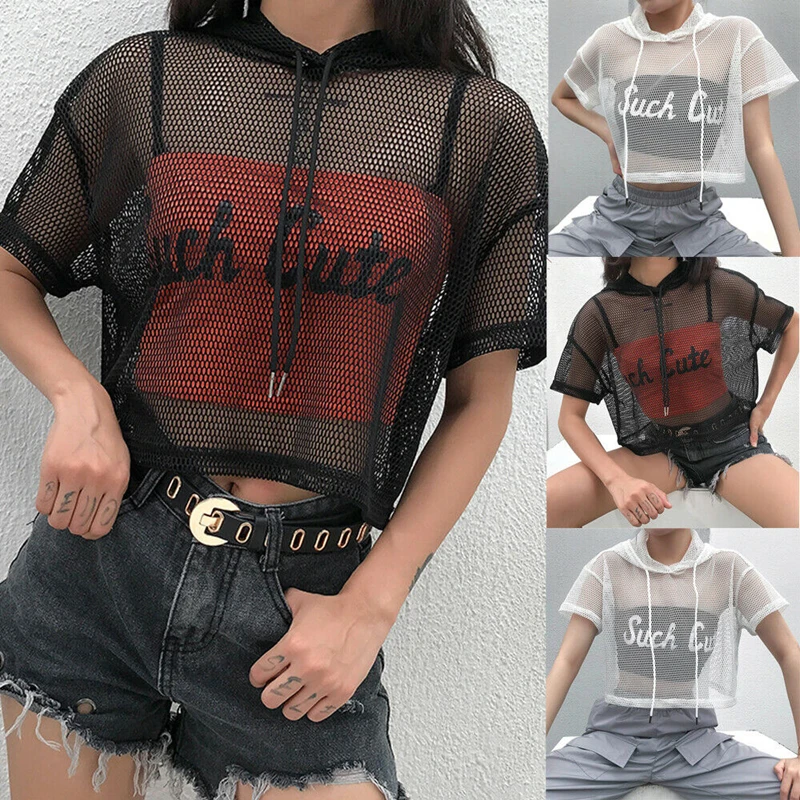 Womens Hollow Mesh Net Hooded T-Shirt Short Sleeve Tee Tops Transparent Black Swxy Clubwear Party