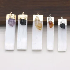 Natürliche Selenitputzanhänger, Amethyst Quarz -Rockmineral, Reiki heilt Charms, DIY -Halskette, Schmuckgröße 60x16mm 12 Hauptverkaufsanhänger Selenit - №11