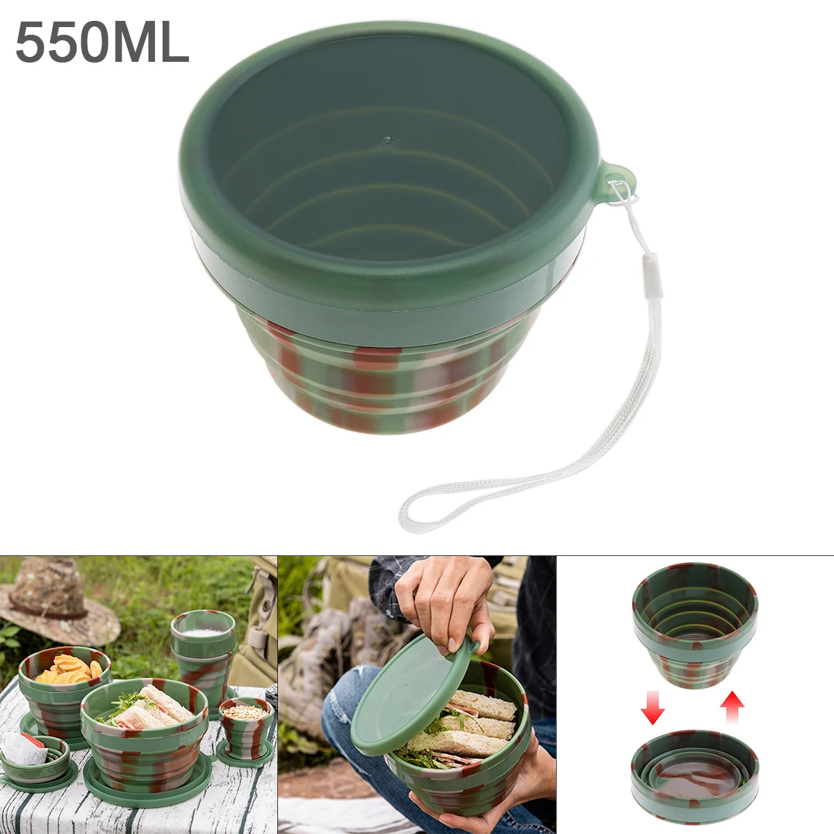 

550ML Camouflage Color Circular Silicone Scalable Folding Lunchbox Bento Box for - 40 Centigrade ~ 230 Centigrade