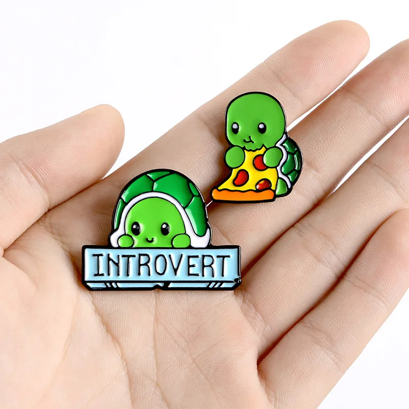 Cartoon Tortoise Enamel Pins Custom Introvert Brooches Cute Pizza Animal Button Badge Turtle Jewelry Gift For Kids Friends