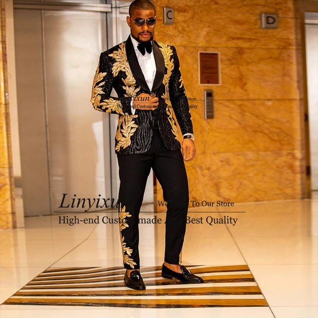 Black Men Suits With Embroidery Beaded Two Pieces Peacked Lapel Designer Blazers Wedding Tuxedos Gold Mens Jacket and Pants 2021