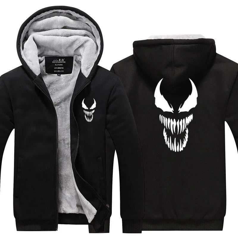 Venom Cosplay Kostuum Lichtgevende Sweatshirt Sportkleding Streetwear Hoodie Hooded Mannen Dikker Rits Trainingspak Winterjas Jas