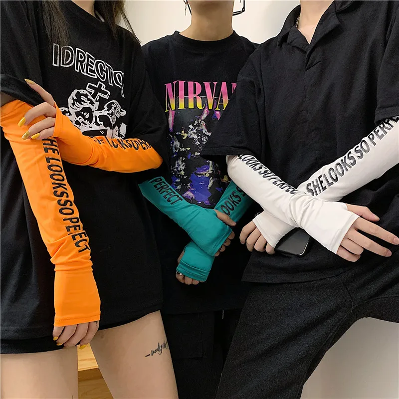 Arm Sleeves Women Sun UV Protection Cover Summer Cool Cycling Running Thin Elastic Outdoor Fingerless Letters Car Driver Wear