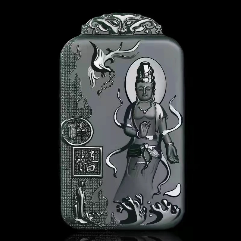 

Fine Hetian Jadeite Bodhisattva Avalokitesvara Pendant Amulet Double-sided Engraved Guanyin Jade Hanging Necklace Talisman