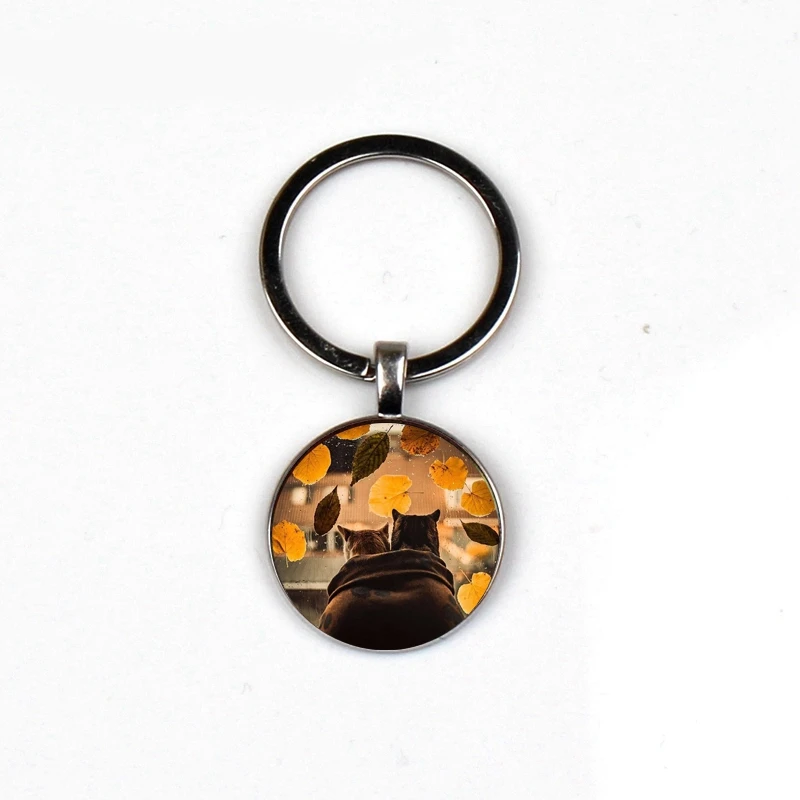 Glamour art photo keychain glass dome pendant fashion cat accompanied by deciduous keychain car key couple gift jewelry souvenir