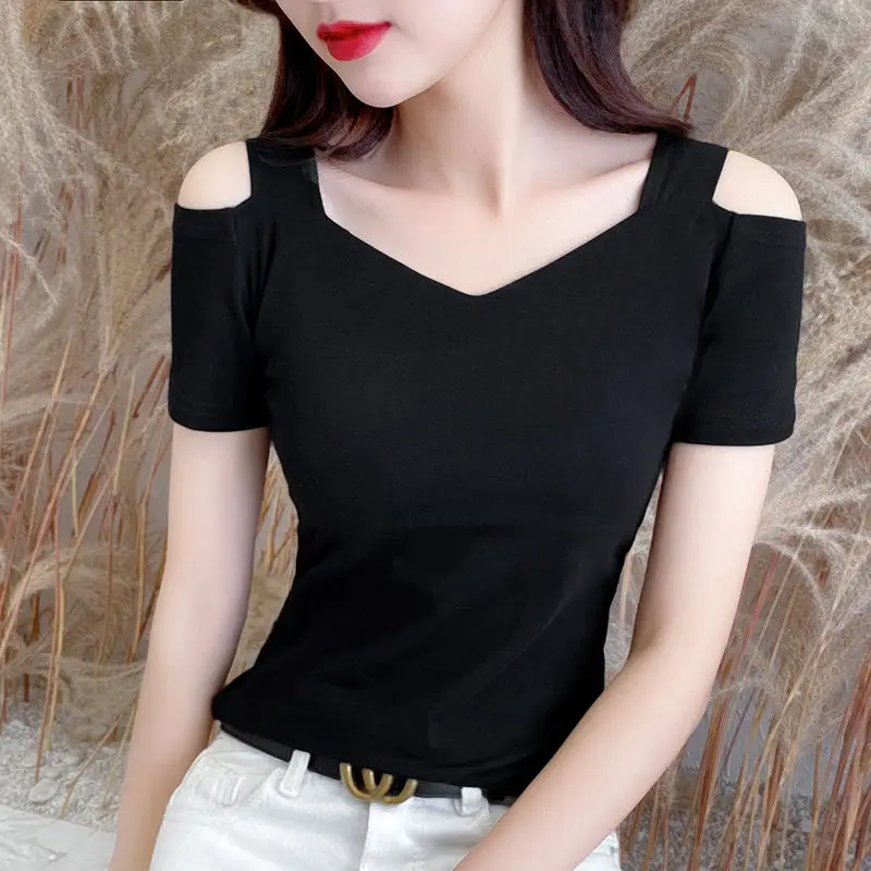 Off Shoulder Top lato nowe topy dla kobiet 2021 V-neck T Shirt kobiety koreańskie ubrania Tee koszulka treningowa Sexy Sling koszulka damska