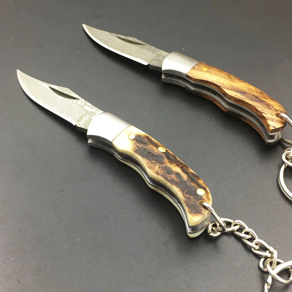 Mini Key Ring Utility Pocket Folding Damascus Steel Knife Customized Wooden Antler Horn Handle