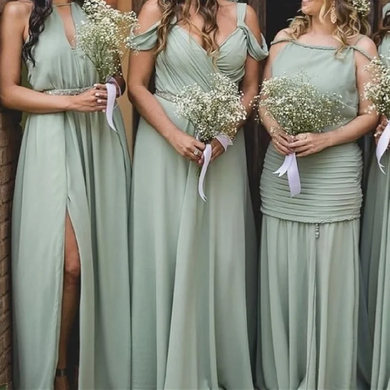 Sage Green Bridesmaid Dresses 2022 Chiffon A-Line Off Shoulder Side Split Pleat Floor Length Wedding Party Gowns With Sashes