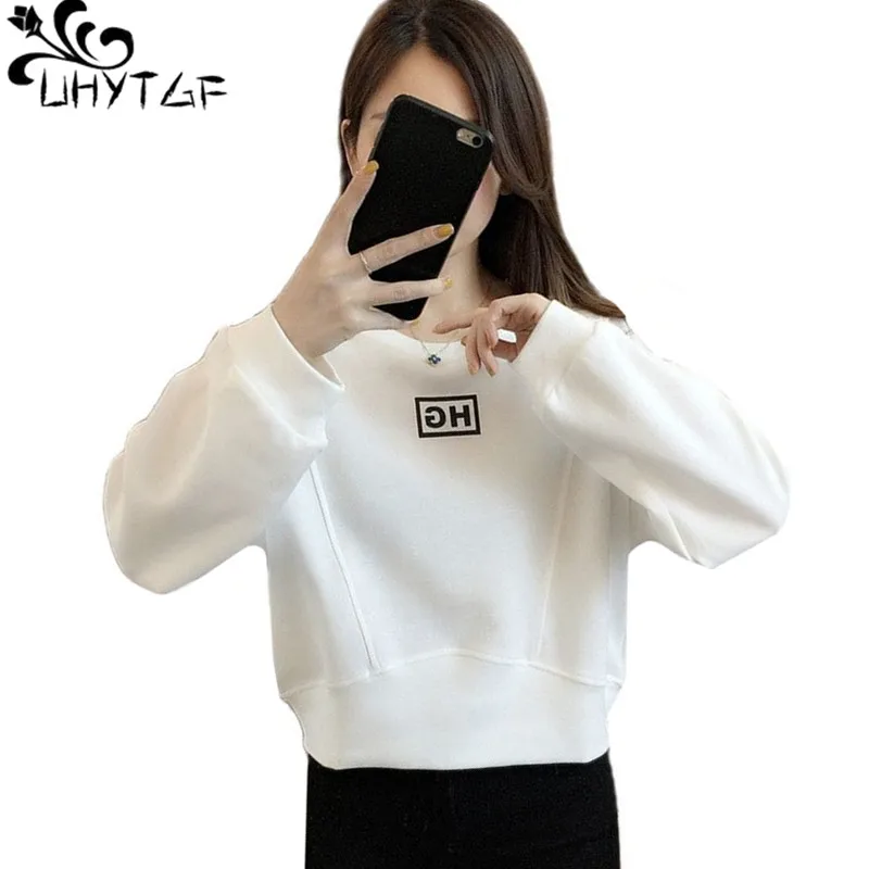 UHYTGF Women's Spring Autumn Sweatshirt Cute Girl Casual Short Hoodies 2021 Solid Wild Thin Jacket Sudaderas Con Capucha 1516