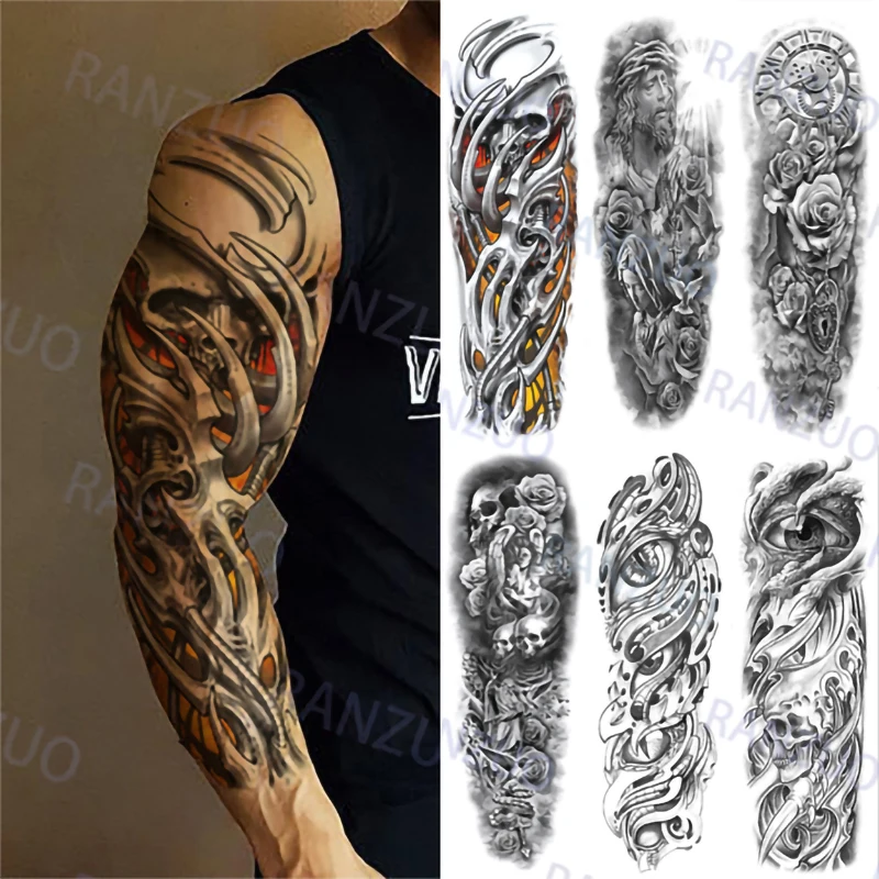 Tatuagem temporária impermeável para homens e mulheres, tatuagem falsa, crânio, lobo, rosa, moda