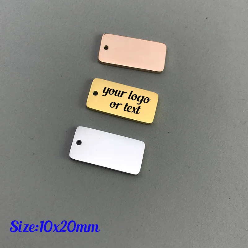 MaiLun 50 Stück 10 x 20 mm Edelstahl-Rechteck-Charms, lasergravierte RectangleTags, individuelles Logo-Design, Text, gravierbare Charms – Detail 1