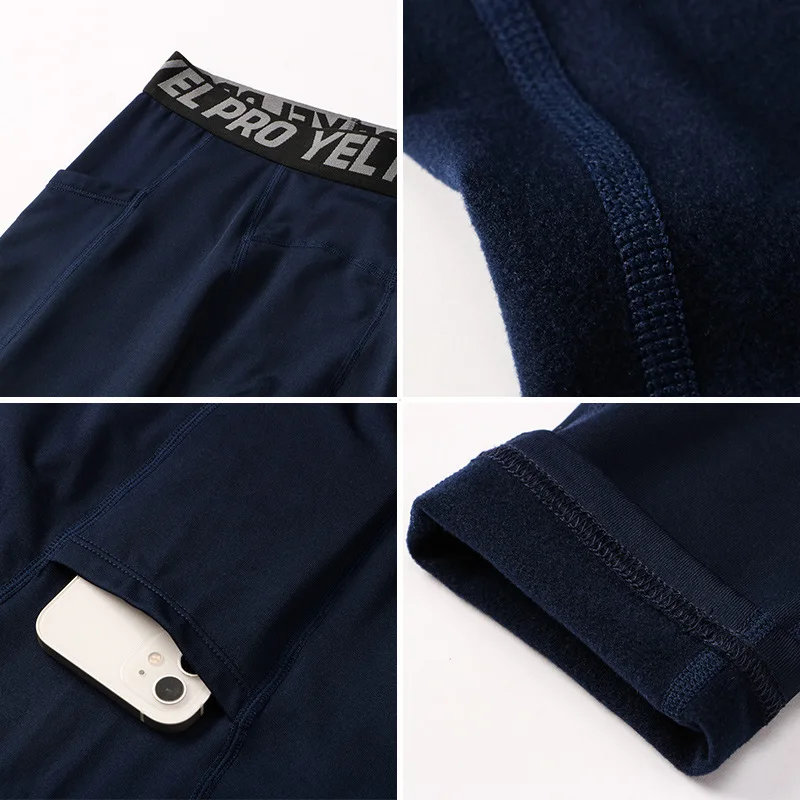 Men's Velvet Fitness Pants with Pocket Thermal Leggings Training Pants Tight Stretch Thermal Running Pants, Autumn and Winter